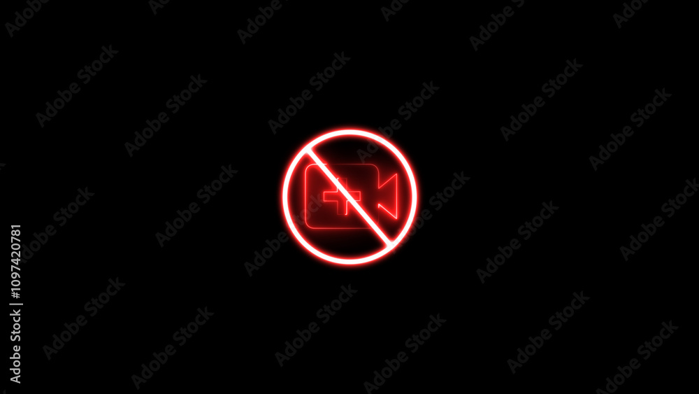 Glowing neon line no cameras allowed sign. Neon Red prohibition no camera sign. No taking pictures, no photography sign. Glowing neon line no cameras allowed sign. Neon Red prohibition no camera sign. No taking pictures, no photography sign.