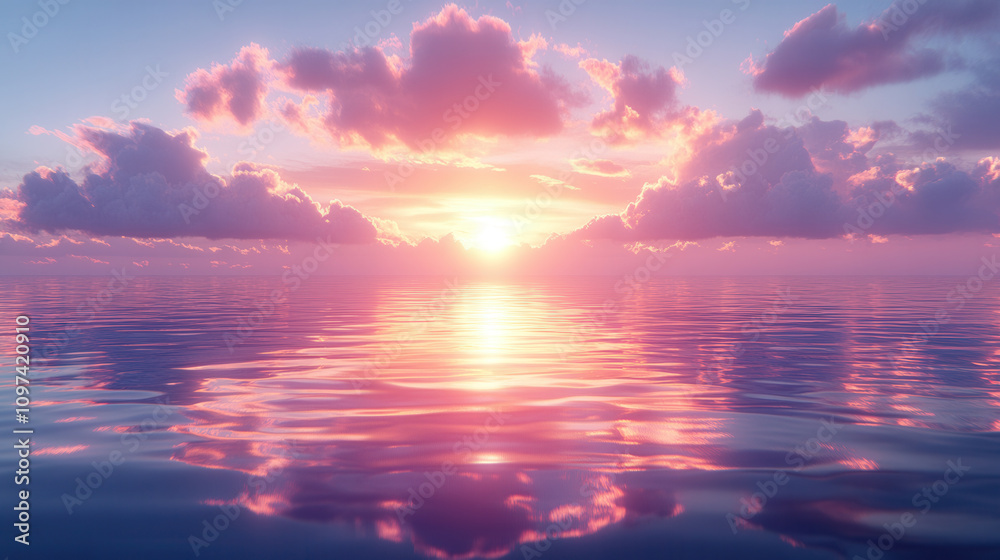 Obraz premium breathtaking colorful sunset over ocean, reflecting vibrant hues on calm water surface. serene atmosphere evokes sense of peace and tranquility