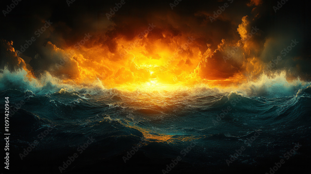 dramatic sunset over turbulent ocean waves creates stunning visual spectacle. vibrant colors of sky contrast beautifully with dark waters, evoking sense of awe and wonder
