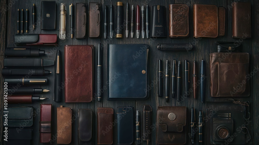Leather Cases and Pens Arranged on Dark Wood Leather Cases and Pens Arranged on Dark Wood
