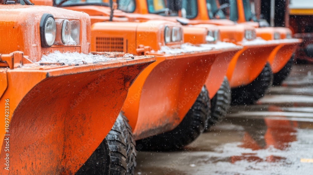 Line of Bright Orange Snow Plows Equipped with Large Blades in a Snowy Environment, Prepared for Winter Operations and Road Maintenance Tasks Line of Bright Orange Snow Plows Equipped with Large Blades in a Snowy Environment, Prepared for Winter Operations and Road Maintenance Tasks