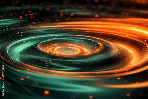 A swirling abstract design with vibrant colors and glowing particles, suggesting motion and energy.