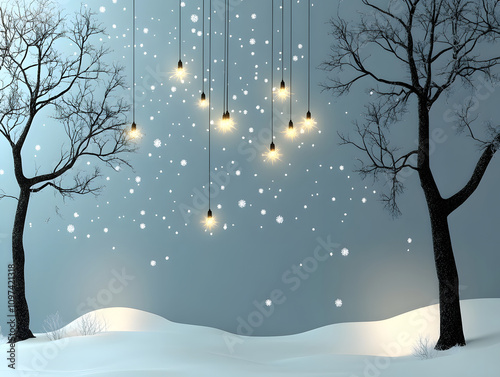 Night winter landscape with lighting. Illustration of a postcard.