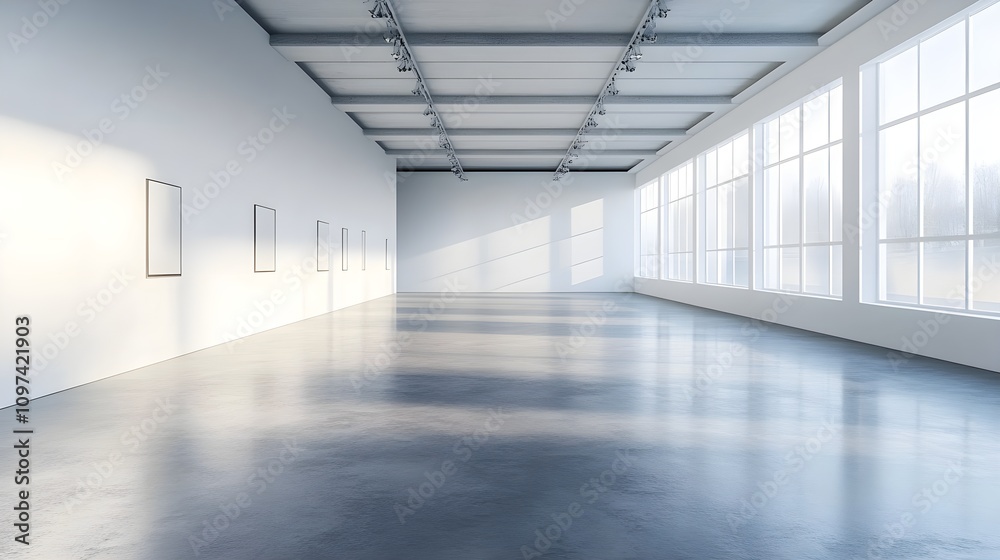 A modern interior with empty white walls and concrete flooring, ideal for art exhibition or gallery space, with bright lighting. 3D Rendering A modern interior with empty white walls and concrete flooring, ideal for art exhibition or gallery space, with bright lighting. 3D Rendering