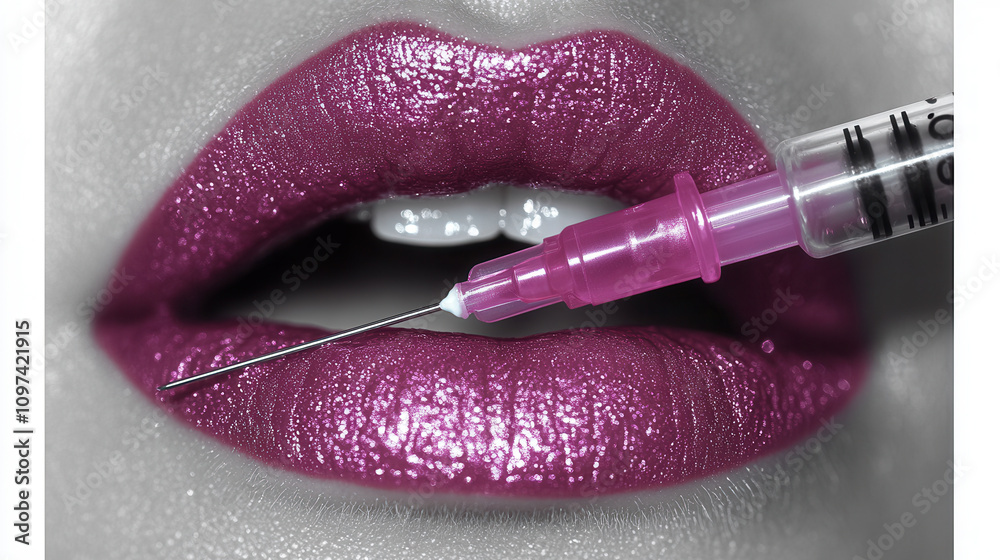 Obraz premium Cosmetologist performing lip filler injection with syringe on glossy lips. procedure enhances lip volume and shape, showcasing beauty and confidence