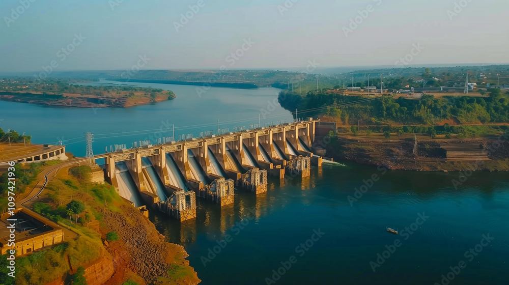 Obraz premium Hydroelectric dam generating renewable energy on a wide river in a rural landscape