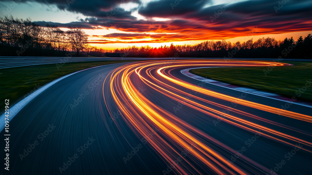 Naklejka premium Racing cars create light trails at sunset on a winding track
