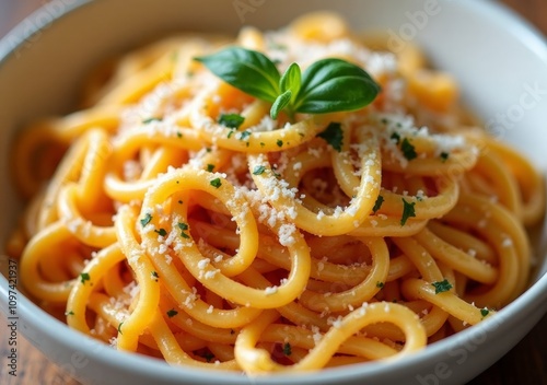 Delicious pasta dish with basil and cheese on a wooden table