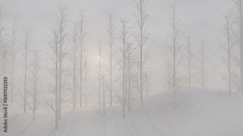 Obraz premium Sunrise over a autumn forest in a snowy winter (3D Rendering)