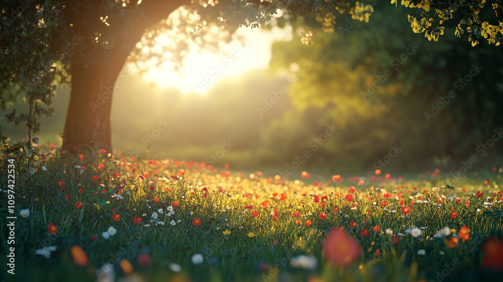 Fototapeta premium Blossoming meadow under sunlight with vibrant flowers and greenery