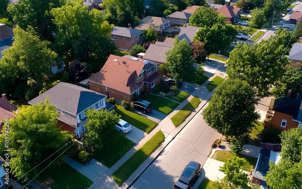 Aerial view of a suburban street lined with houses and trees. Aerial view of a suburban street lined with houses and trees.