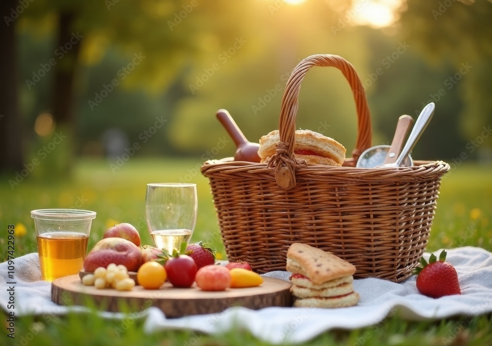 Picnic basket with assorted fruits and sandwiches during a sunny afternoon in the park Picnic basket with assorted fruits and sandwiches during a sunny afternoon in the park