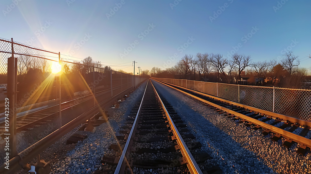 Fototapeta premium Serene Sunrise Over Railway Tracks with Fencing and Bare Trees Under Clear Sky, Capturing the Tranquility of Early Morning in a Scenic Landscape