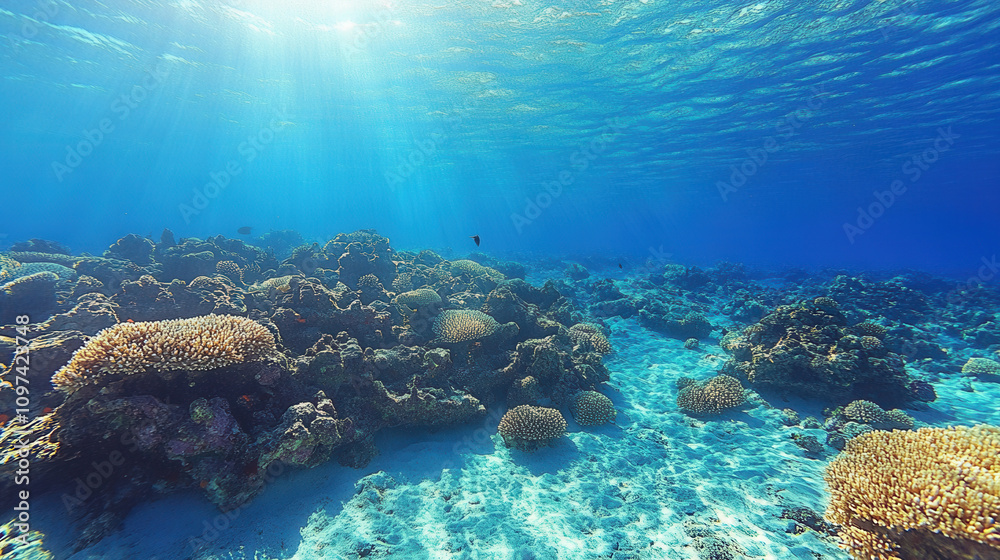 Fototapeta premium Beneath surface, vibrant coral reefs thrive in deep blue sea, showcasing stunning underwater landscape filled with life and color