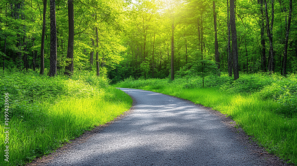 serene pathway through lush green trees, surrounded by vibrant foliage and sunlight filtering through leaves, creating peaceful atmosphere serene pathway through lush green trees, surrounded by vibrant foliage and sunlight filtering through leaves, creating peaceful atmosphere