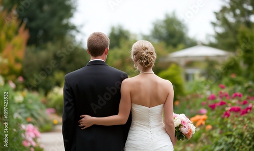 Bride and groom walking away in a garden.