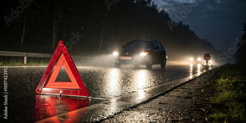 Red Emergency Triangle Reflecting in the Rain.Red Emergency Warning Triangle Reflecting on Rain-Soaked Pavement at Night with Dim Car Headlights in the Background