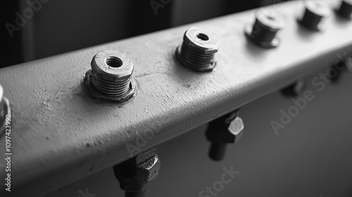 Close-up of metal bolts and nuts on a grey metallic bar.