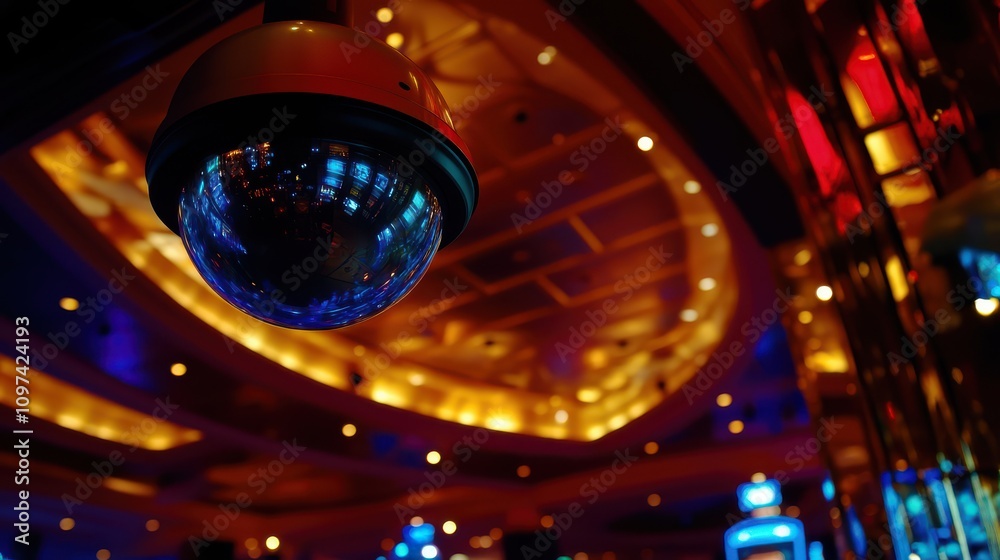 High-Quality Photo of a Security Camera Suspended in a Vibrant Casino Atmosphere with Colorful Lighting and a Luxurious Ambiance High-Quality Photo of a Security Camera Suspended in a Vibrant Casino Atmosphere with Colorful Lighting and a Luxurious Ambiance
