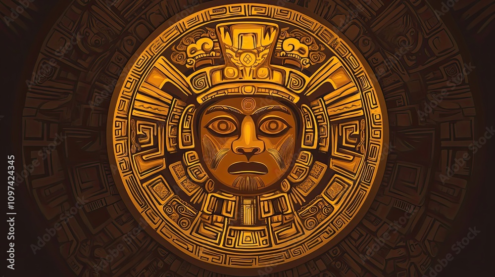 A Circular Aztec-Style Icon with a Human Face A Circular Aztec-Style Icon with a Human Face