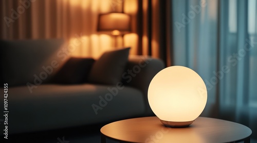 A cozy living room scene featuring a glowing table lamp.