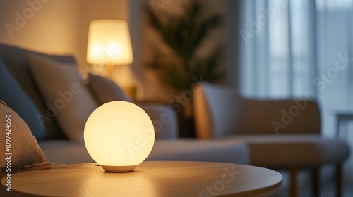 Soft-lit globe lamp on a table in a cozy living room setting.