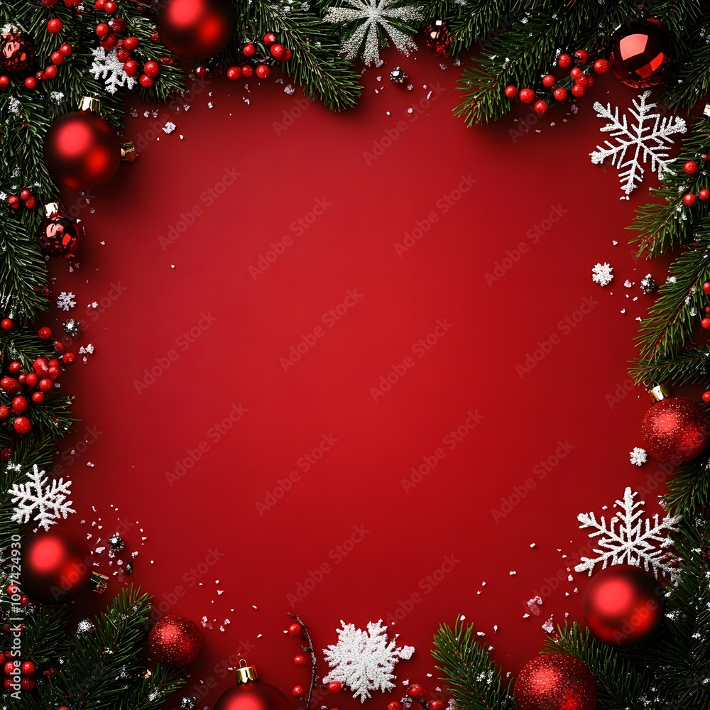 Red Christmas background with ornaments, snowflakes, and fir branches. Red Christmas background with ornaments, snowflakes, and fir branches.