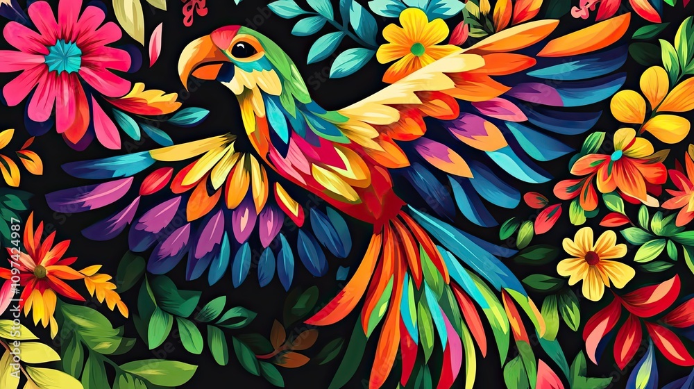 Obraz premium A Vibrant Parrot Soaring Through a Colorful Floral Pattern