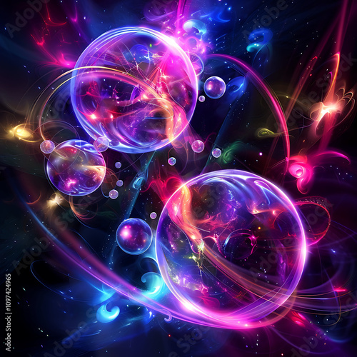 Colorful Abstract Background of Floating Bubbles and Cosmic Light Trails in a Spectacular Display of Digital Artistry and Striking Vibrancy