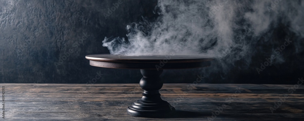 Rustic wooden tabletop with rising steam: a Rustic wooden tabletop with rising steam: a