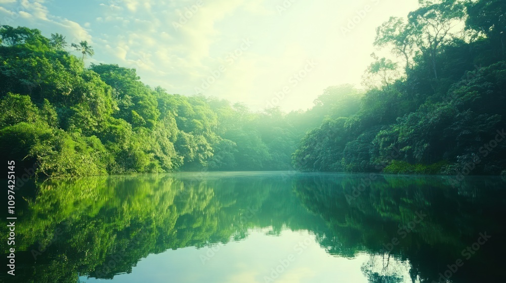 Serene Tropical Lake Mirroring Lush Green Foliage Serene Tropical Lake Mirroring Lush Green Foliage