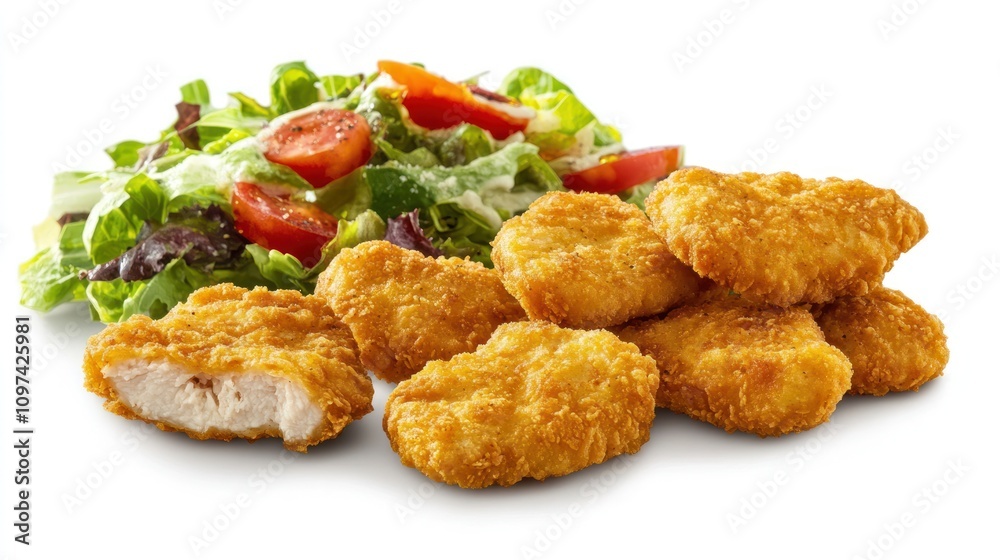 A plate of crispy chicken nuggets with a fresh garden salad. A plate of crispy chicken nuggets with a fresh garden salad.