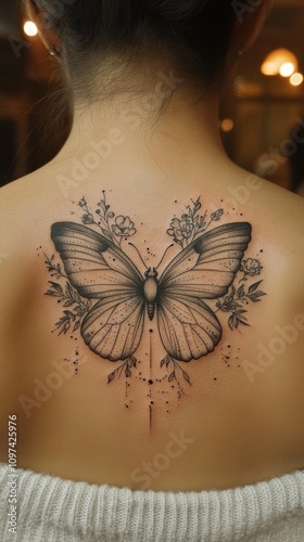 Delicate Butterfly Tattoo With Floral Design On Back photo