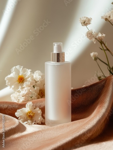 Elegant Frosted Glass Bottle for Skincare Amid Soft Floral Decor