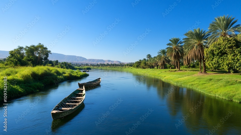Calm river scene with two boats, lush vegetation, and palm trees under a clear blue sky. Calm river scene with two boats, lush vegetation, and palm trees under a clear blue sky.