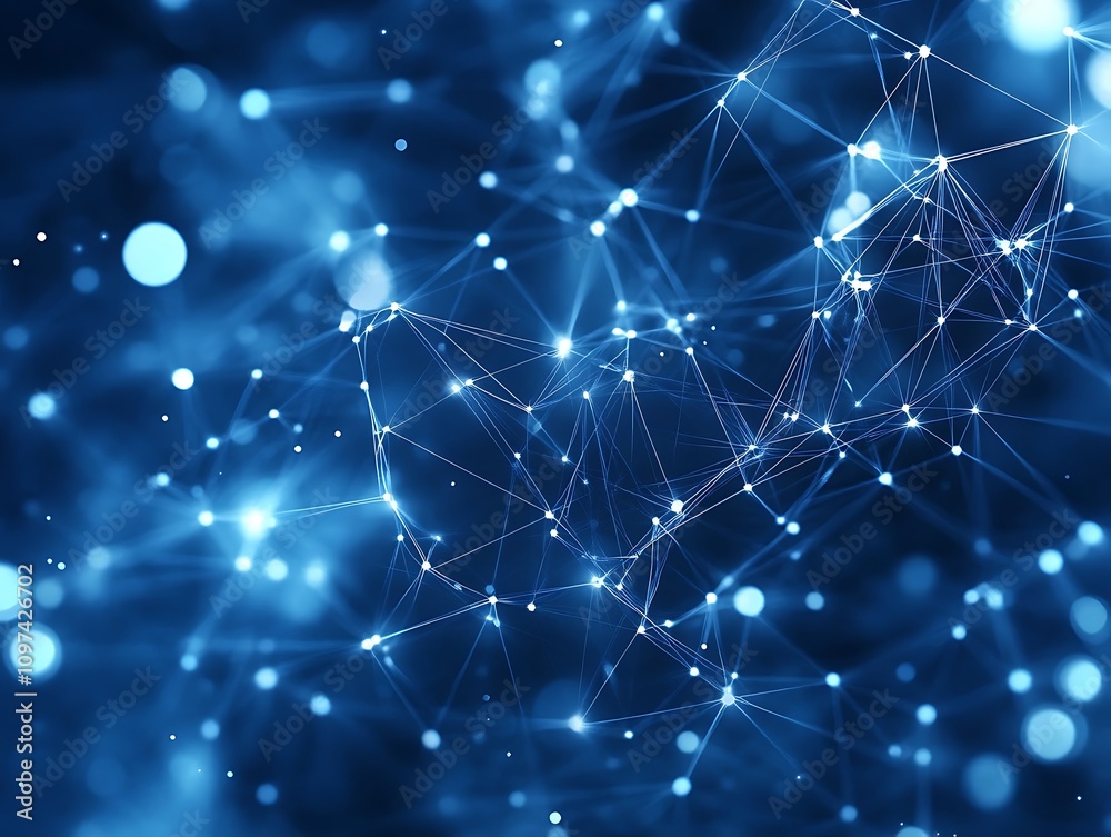 Futuristic low-poly geometric abstract design with blue wireframe and glowing orange network connections Futuristic low-poly geometric abstract design with blue wireframe and glowing orange network connections