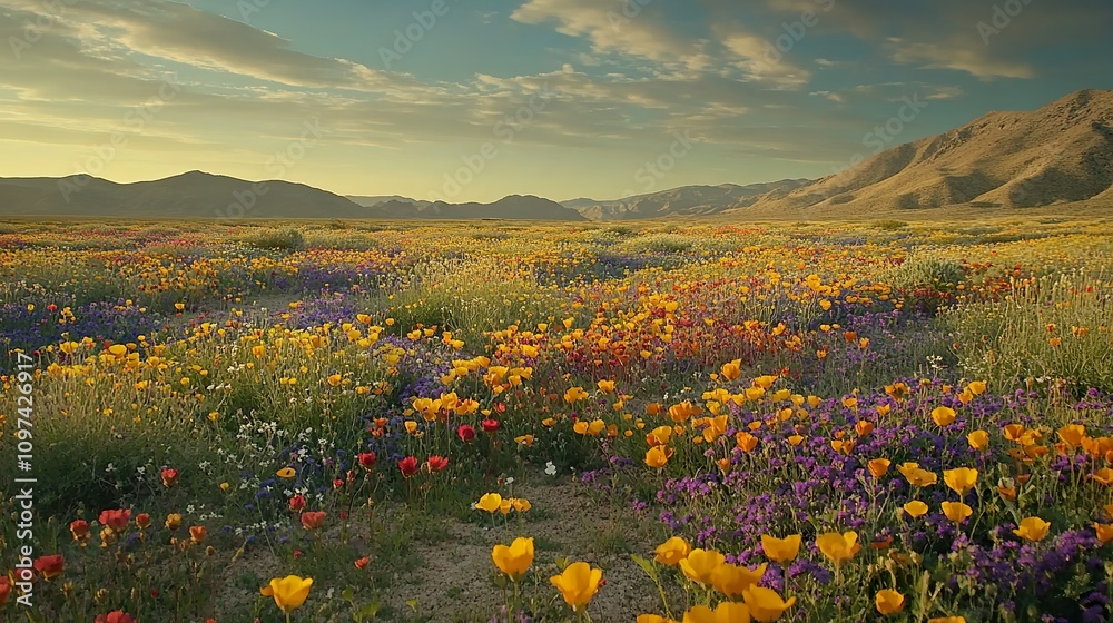 Fototapeta premium Vibrant wildflowers bloom across a vast desert landscape at sunset.