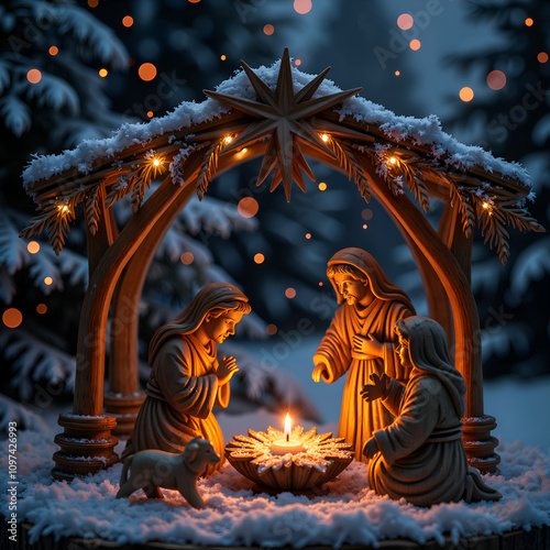 A tranquil nativity scene illuminated by a candle in a snowy winter night, photo realistic rendering of religious themed concept. photo