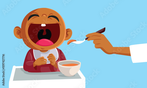 Happy Hungry Baby Eating Delicious Food Vector Illustration. Cheerful 6-month-old infant consuming solid foods 
