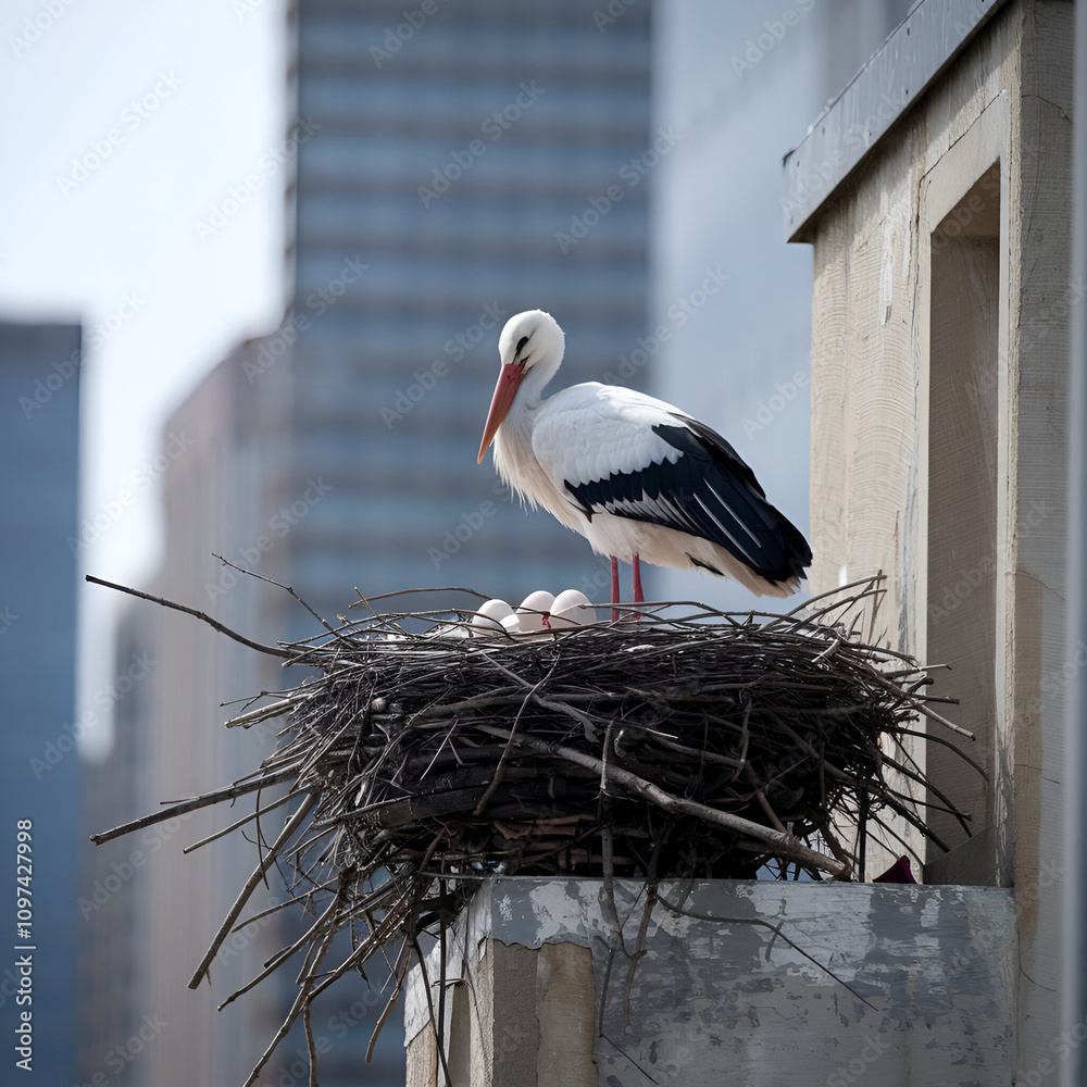 Fototapeta premium White storks with young baby stork on the nest Generative AI