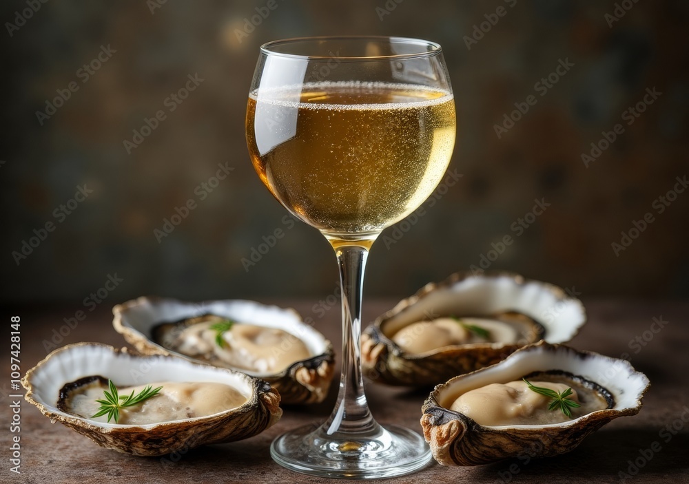 Enjoying fresh oysters with sparkling wine in a cozy setting with natural lighting Enjoying fresh oysters with sparkling wine in a cozy setting with natural lighting