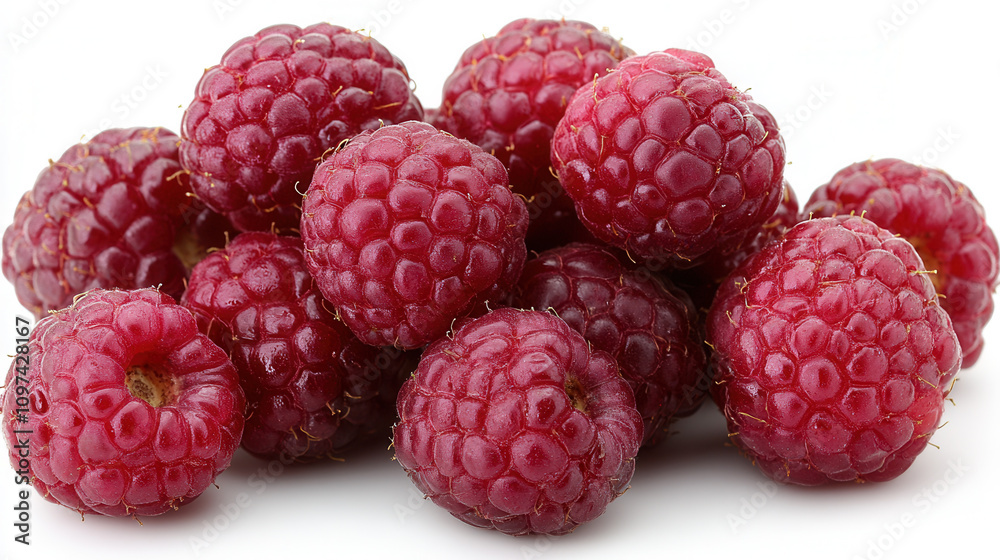 Fresh, ripe raspberries piled together on white background, showcasing their vibrant red color and juicy texture. Perfect for desserts or healthy snacks