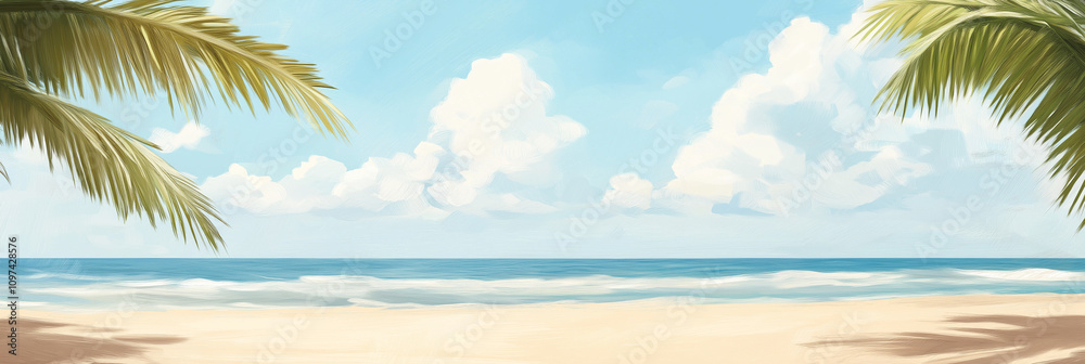 Fototapeta premium A picturesque tropical beach view featuring gently swaying palm trees framed by clear skies and a serene ocean, creating a perfect paradise escape atmosphere.