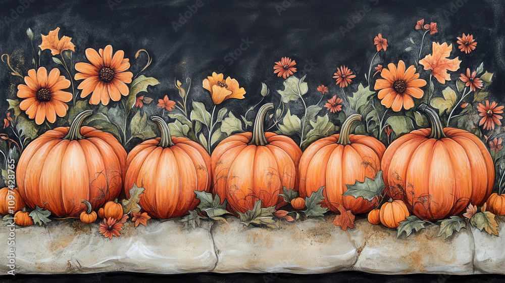 Autumn pumpkins with vibrant flowers create warm, inviting scene. rich colors and detailed designs evoke cozy fall atmosphere, perfect for seasonal decor
