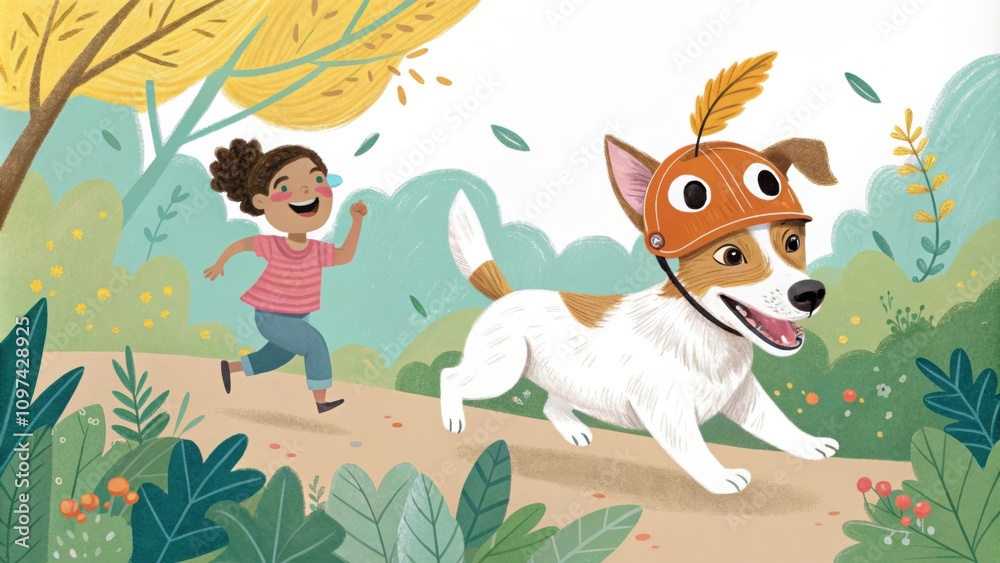Obraz premium A friendly dog wearing a whimsical fox mask playfully darts through the colorful foliage chasing after giggling children.