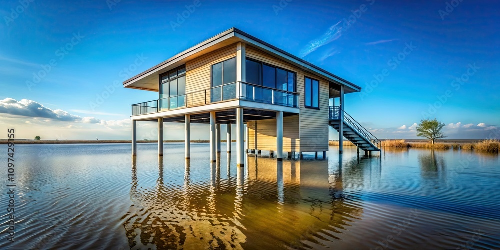 Modern house on stilts surrounded by floodwater under blue sky , modern, house, stilts, floodwater Modern house on stilts surrounded by floodwater under blue sky , modern, house, stilts, floodwater