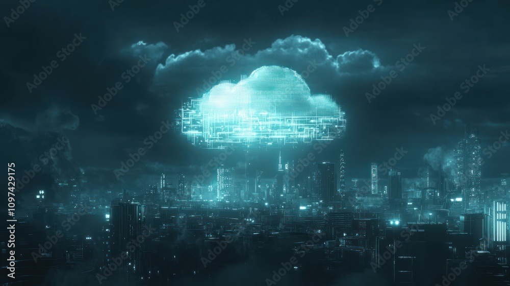 Obraz premium Futuristic cityscape with a digital cloud hovering above.