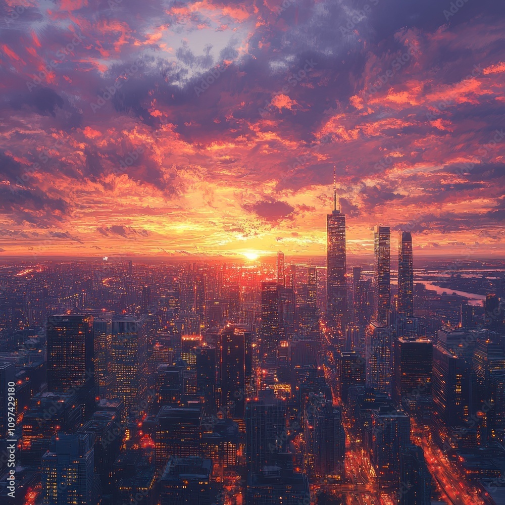 Fototapeta premium Fiery Sunset Over Illuminated City Skyline at Dusk