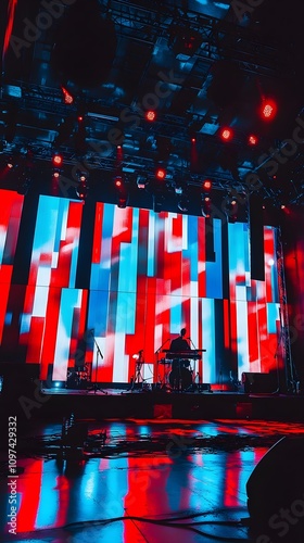 A concert stage with LED panels with red, blue and white geometric graphic art on the screens and a microphone in the center