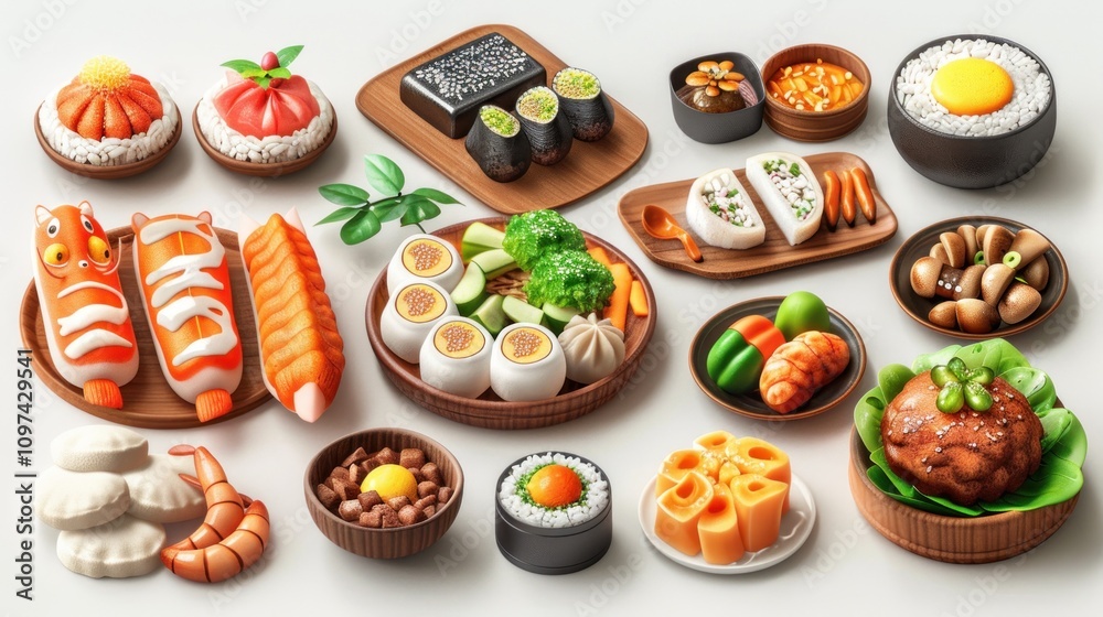 Assorted Asian cuisine dishes on wooden plates. Assorted Asian cuisine dishes on wooden plates.